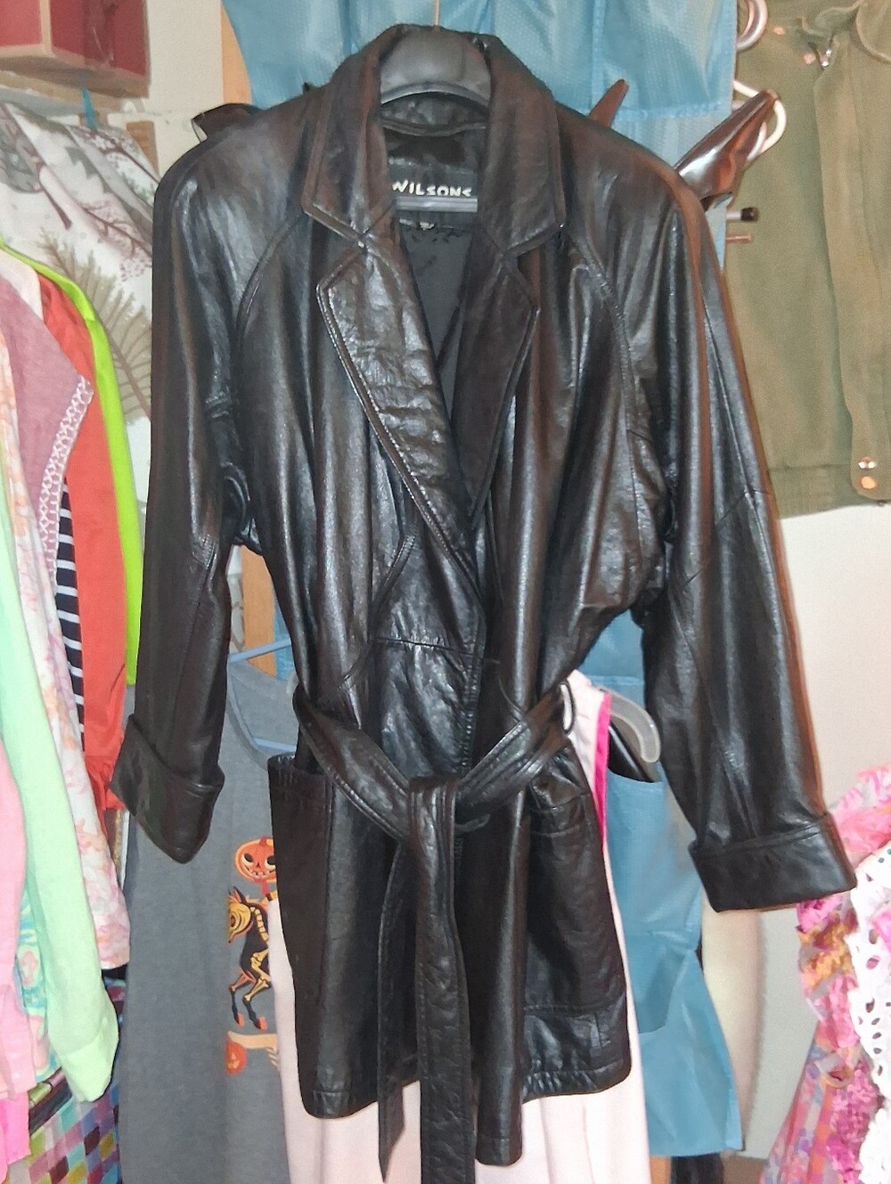 Wilson Black Leather Belted Long Coat for Women 1990s